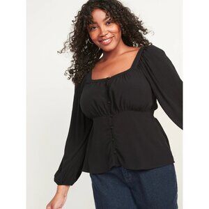 Old Navy Womens Plus 3X Black Peasant Blouse Button Up Square Neck Shirt Top